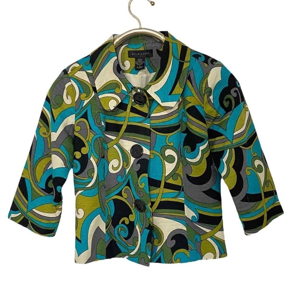 SilkLand Colorful Artsy Abstract Print Jacket  💯% Silk Size L